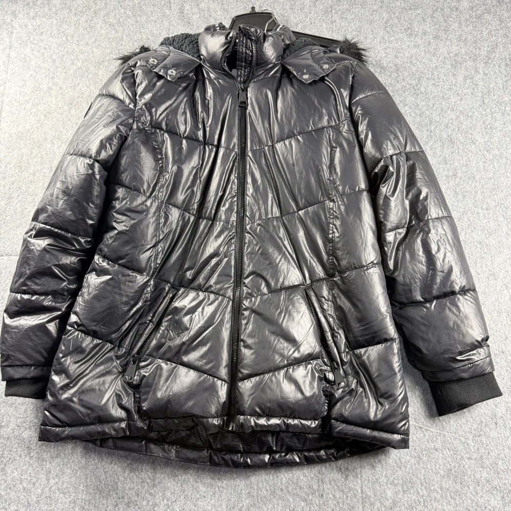 Justice Girls 20 Plus Black High Shine Puffer Jacket Faux Fur Hood Winter Coat